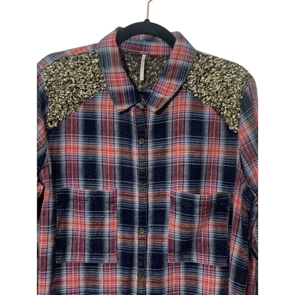 Free People Little‎ Bit of Sugar Women's M Sequin plaid flannel shirt